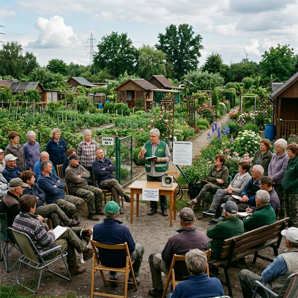 Community members seated in a circle listening to a man speaking in a garden