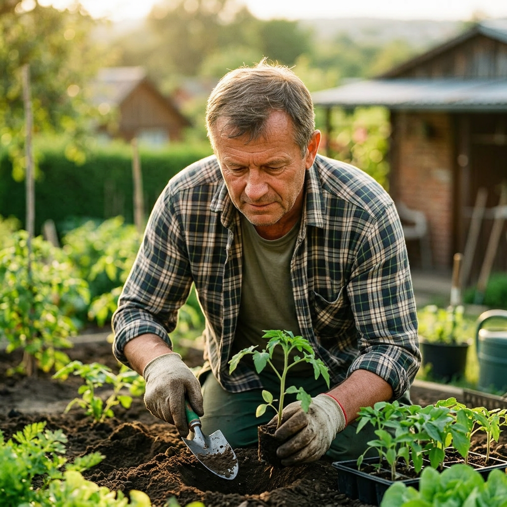 Man planting young vegetable plants in a garden patch with trowel
